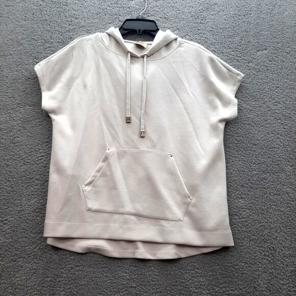 Elie Tahari Womens Short-Sleeve Beige Hoodie Front Pocket Sz medium super soft - Picture 1 of 8